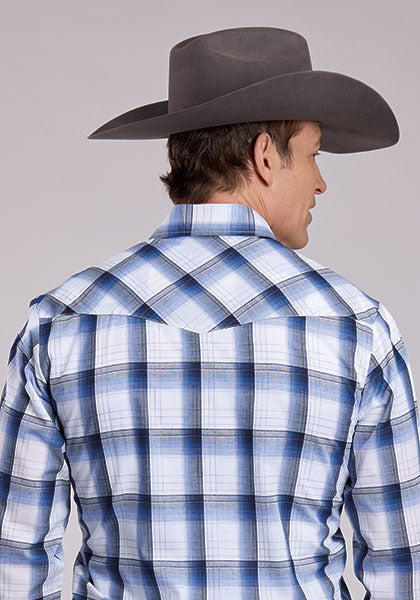 Roper Men's Long Sleeve Snap Woven Plaid Blue Western Shirt