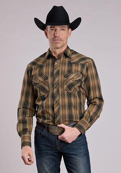 Roper Men's Long Sleeve Snap Woven Plaid Brown Western Shirt