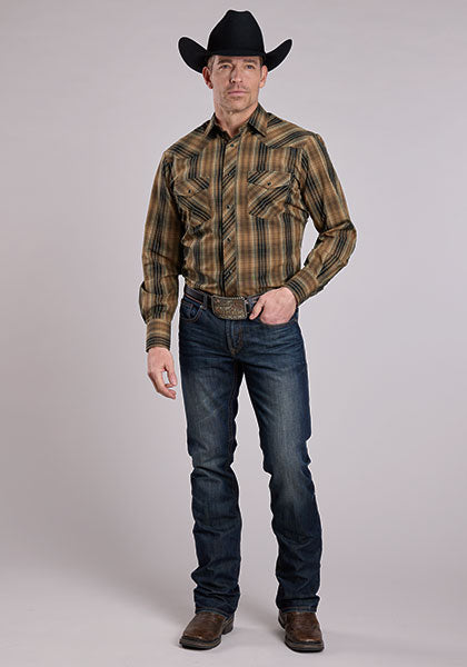 Roper Men's Long Sleeve Snap Woven Plaid Brown Western Shirt