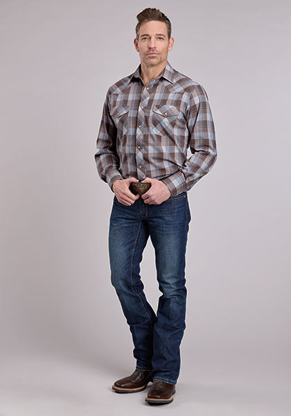 Roper Men's Long Sleeve Snap Plaid Brown Western Shirt