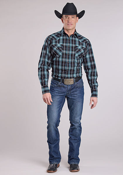 Roper Men's Long Sleeve Diamond Dobby Blue Western Shirt