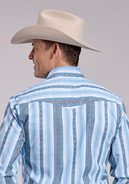 Roper Men's Long Sleeve Vertical Performance Y/D Stripe Western Shirt Blue