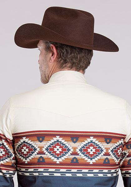 Roper Men's Long Sleeve Snap Aztec Ombre Border Print Blue Western Shirt