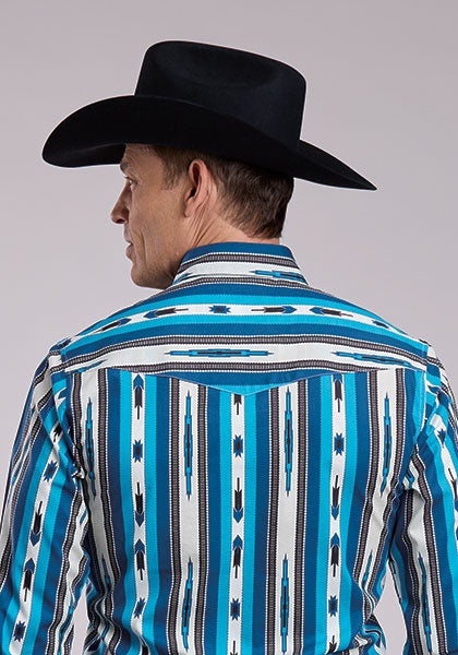 Roper Men's Long Sleeve Snap Printed Vertical Design Western Shirt Blue