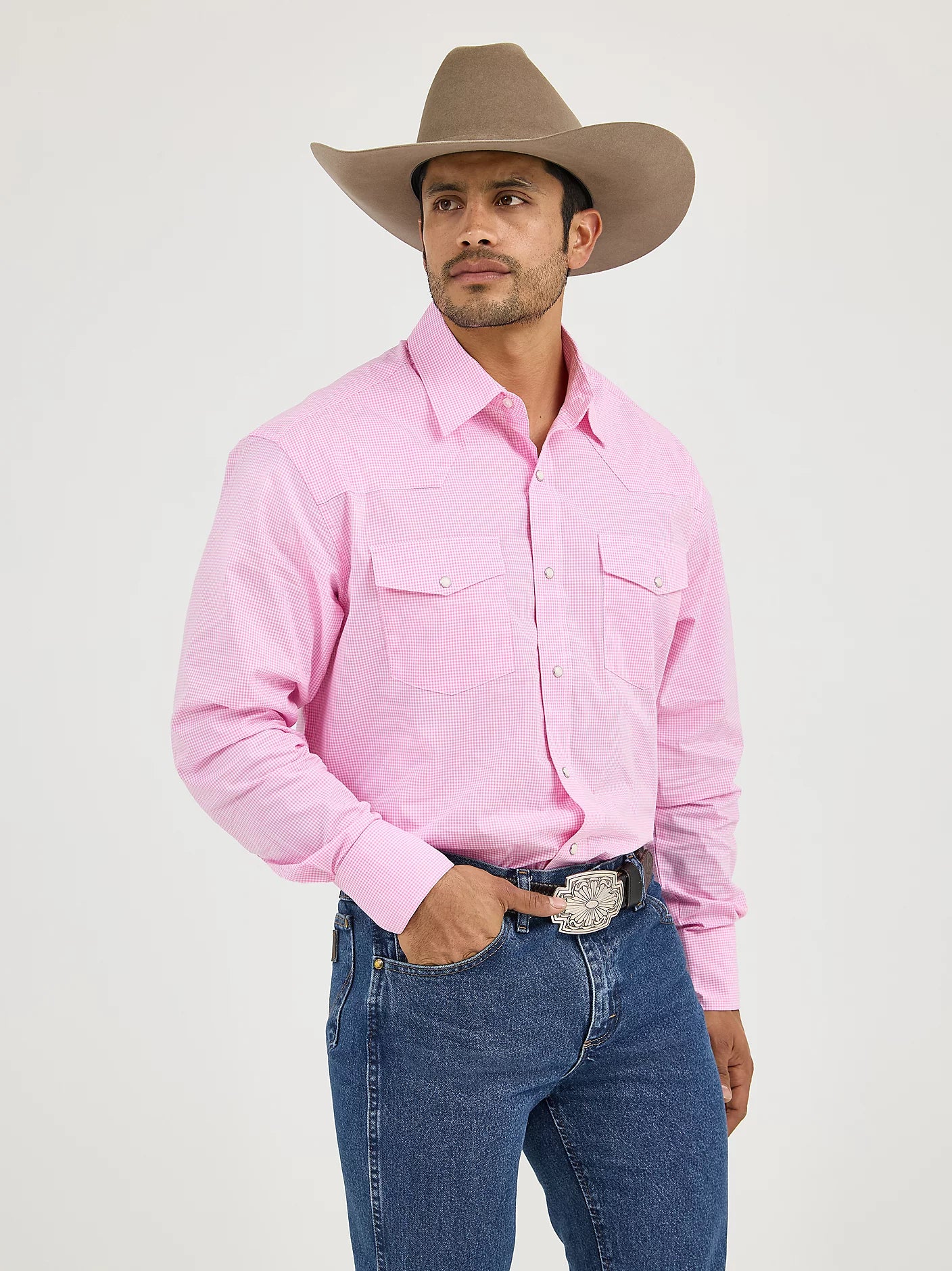 Men Wrangler® Bucking Cancer Long Sleeve Shirt Fuchsia Pink