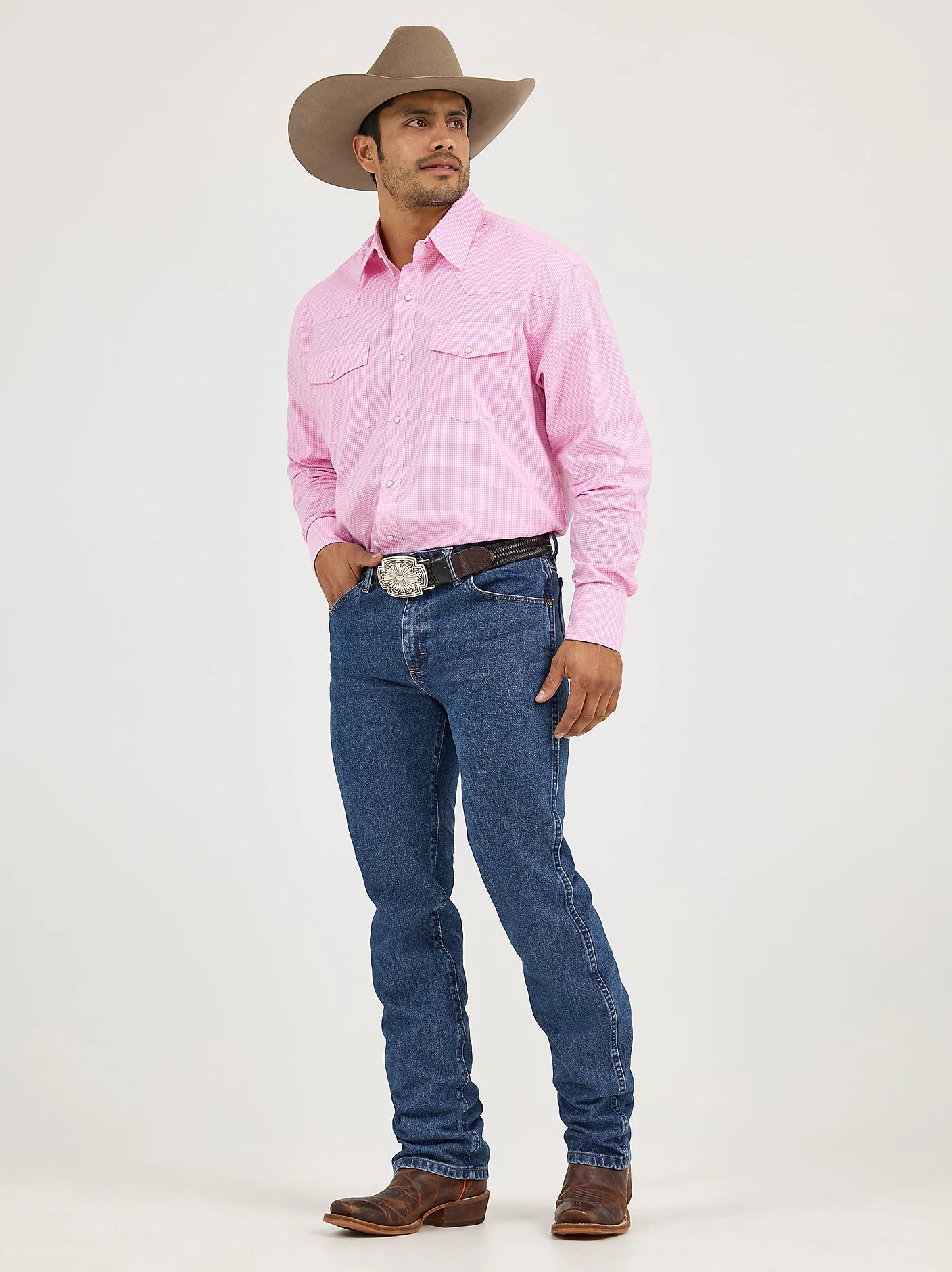 Men Wrangler® Bucking Cancer Long Sleeve Shirt Fuchsia Pink