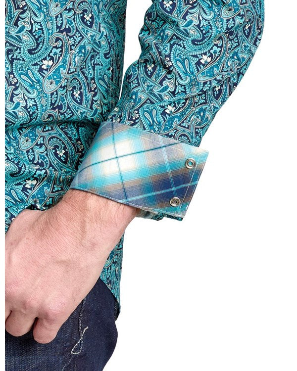 Roper Men's Long Sleeve Snap River Paisley Blue Western Shirt