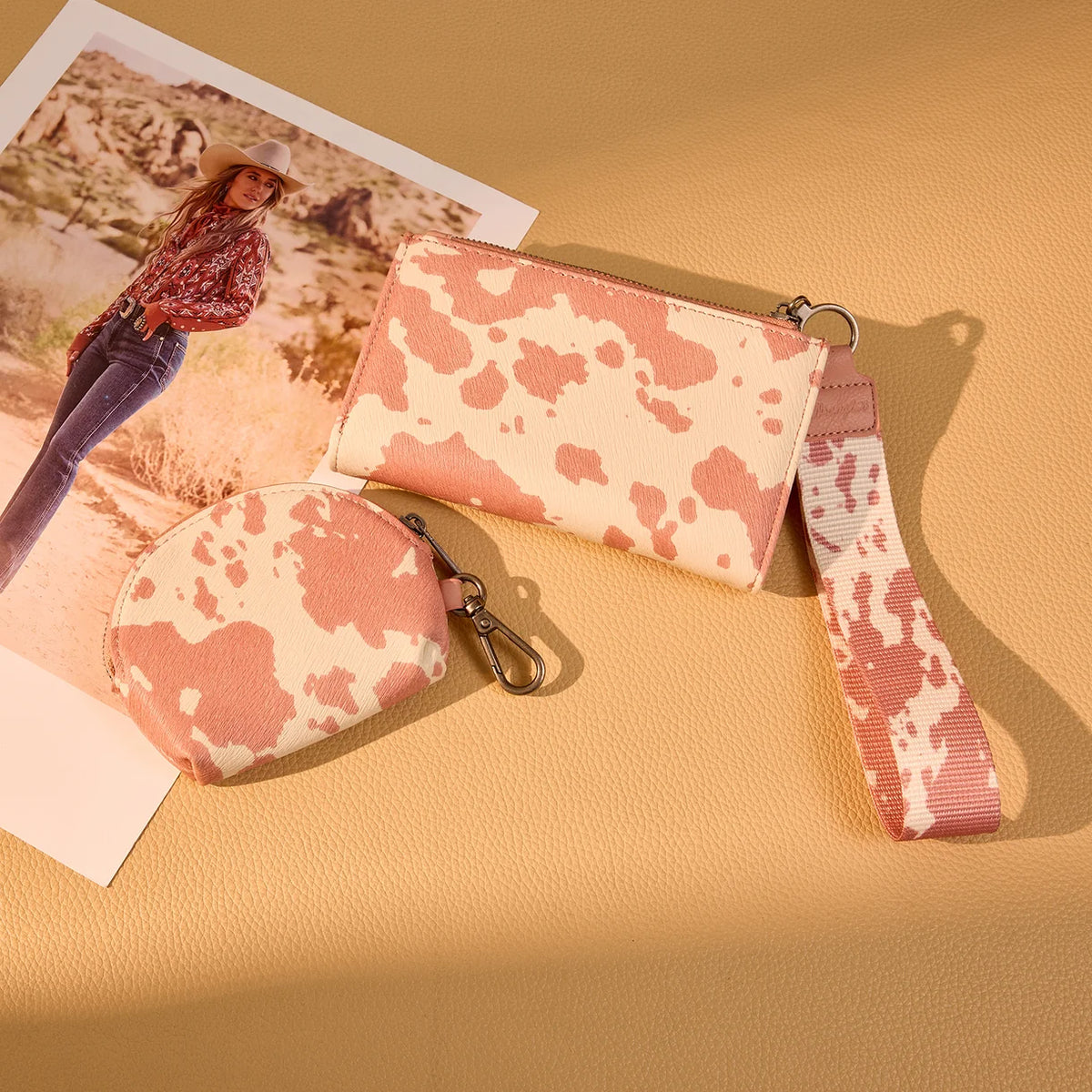 Wrangler Cow Print Wallet & Coin Pouch Wristlet Set - Dark Pink