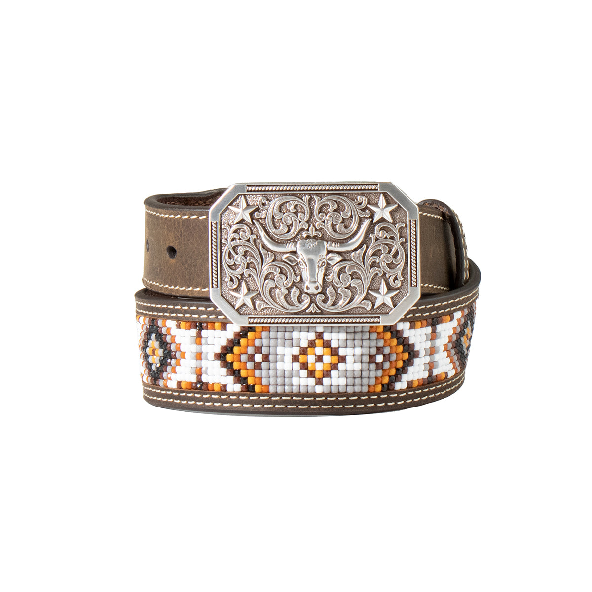 3D Boys Belt 1 1/4" Buck Lacing Beaded Inlay Brown