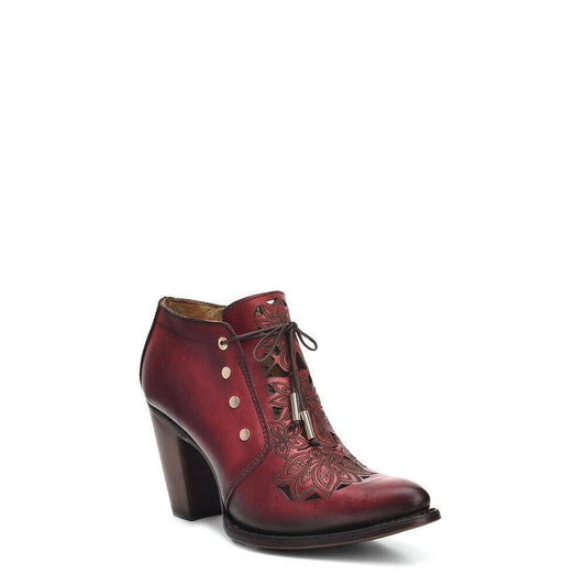 Cuadra Ladies Red Zipper And Lace Up And Laser Round Toe Ankle Bootie
