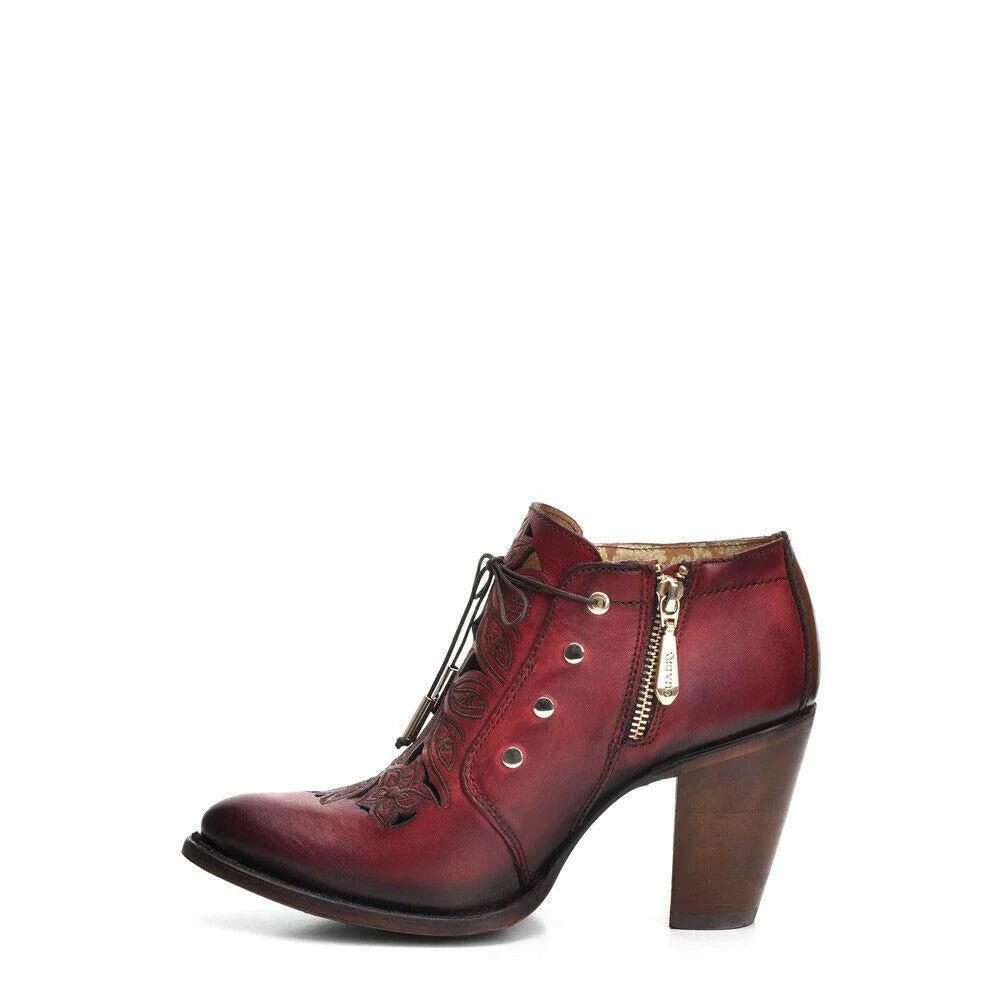 Cuadra Ladies Red Zipper And Lace Up And Laser Round Toe Ankle Bootie
