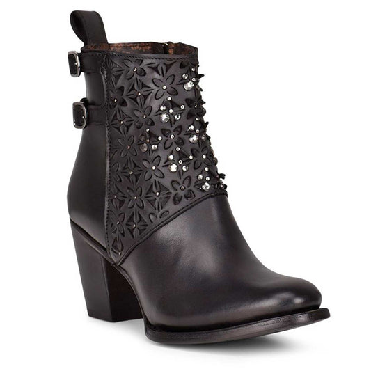 Cuadra Ladies Black Laser And Crystals Round Toe Ankle Bootie