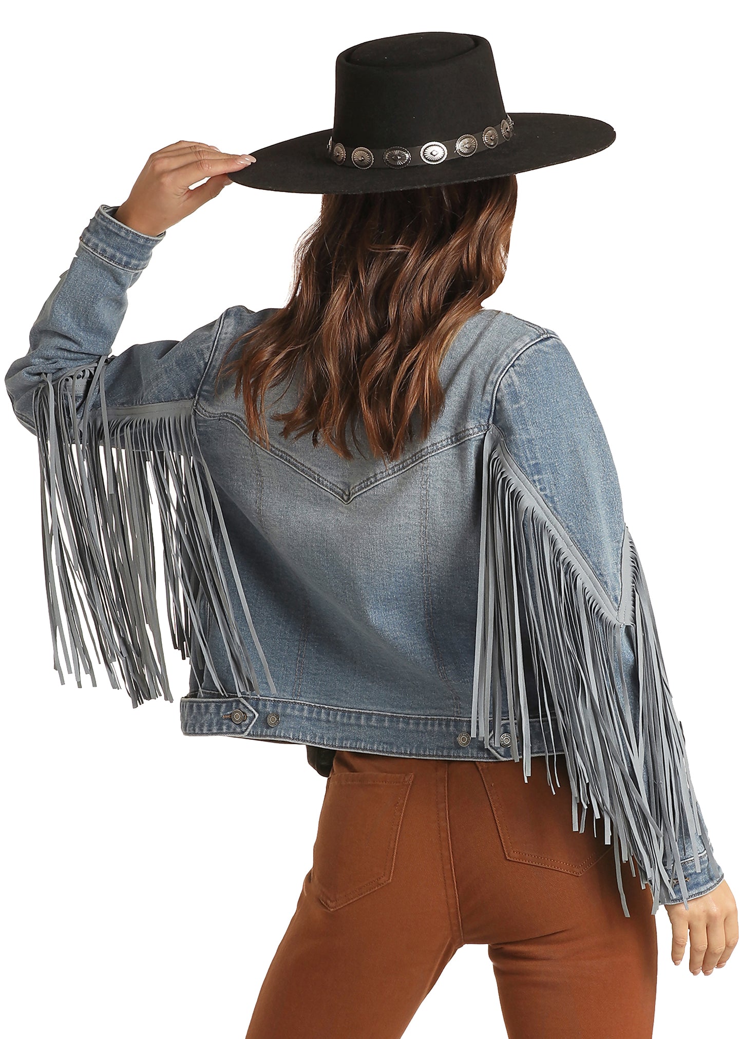 Rock & Roll Denim Women's Blue Suede Fringe Jacket Light Wash