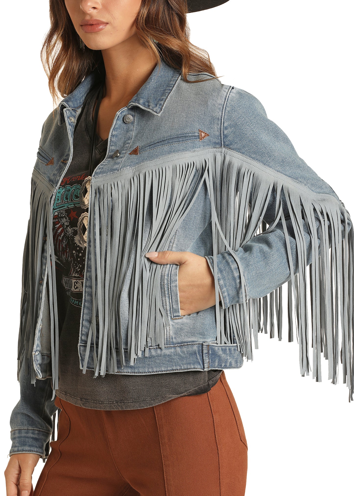 Rock & Roll Denim Women's Blue Suede Fringe Jacket Light Wash