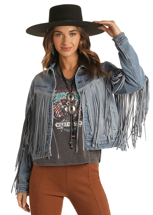 Rock & Roll Denim Women's Blue Suede Fringe Jacket Light Wash