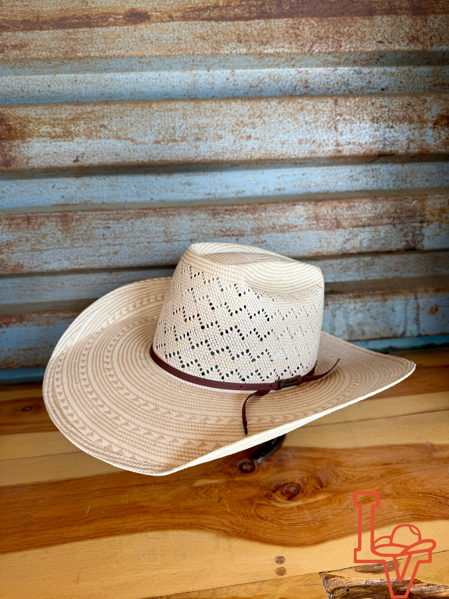 American Hat Company Straw Hat Regular Crown Waves Tan White