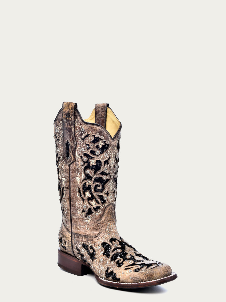 Corral Women's Square Toe Black Sequins Inlay & Floral Embroidery w/Studs & Crystals - Brown Corral Women's Square Toe Black Sequins Inlay & Floral Embroidery w/Studs & Crystals - Brown
