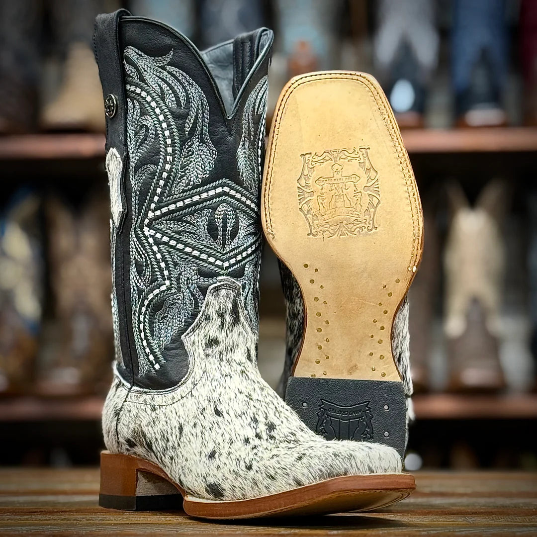 Tanner Mark Boots Men's Black & White Hair On Cowhide With Black Palermo Top Boots TM205579