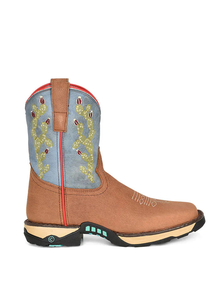Corral Boots Ladies Farm And Ranch Dual Density Sole Square Toe Hydro Resist Boot Tan/Blue Top Cactus