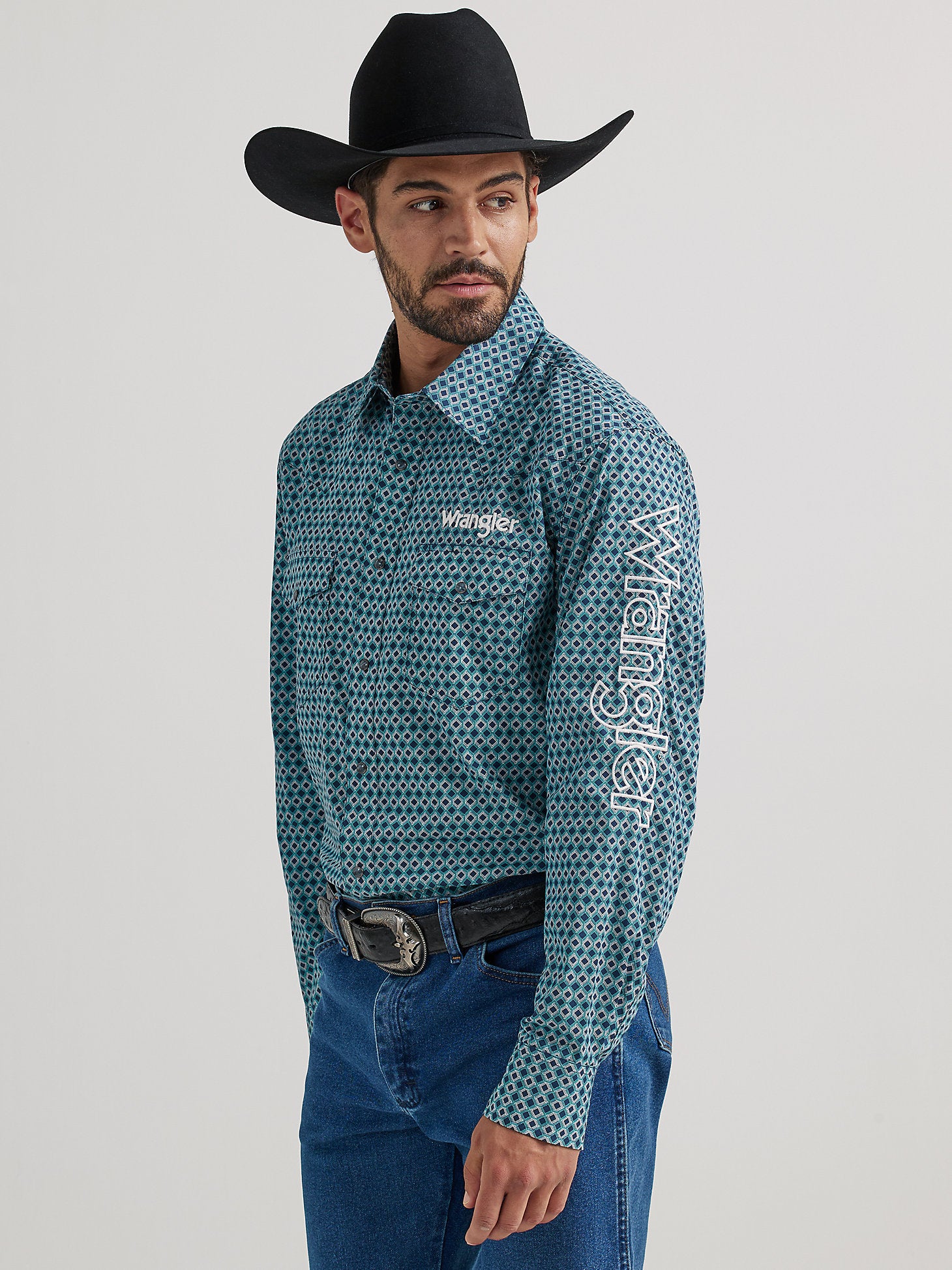 Men s Wrangler Logo Long Sleeve Western Snap Shirt In Blue Diamonds Los Vaqueros Western Wear