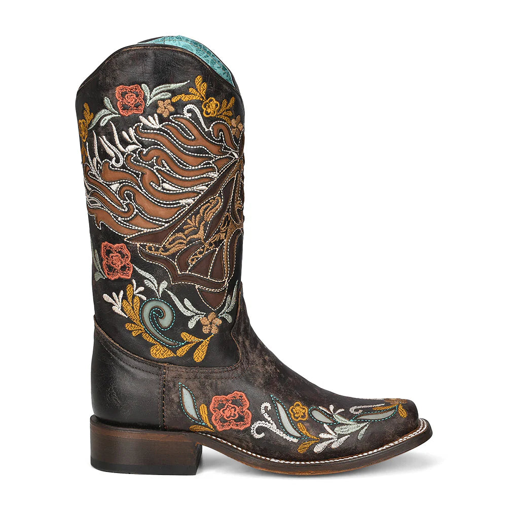 Corral Boots Ladies Horse Inlay And Multicolor Embroidery Western Boots Brown