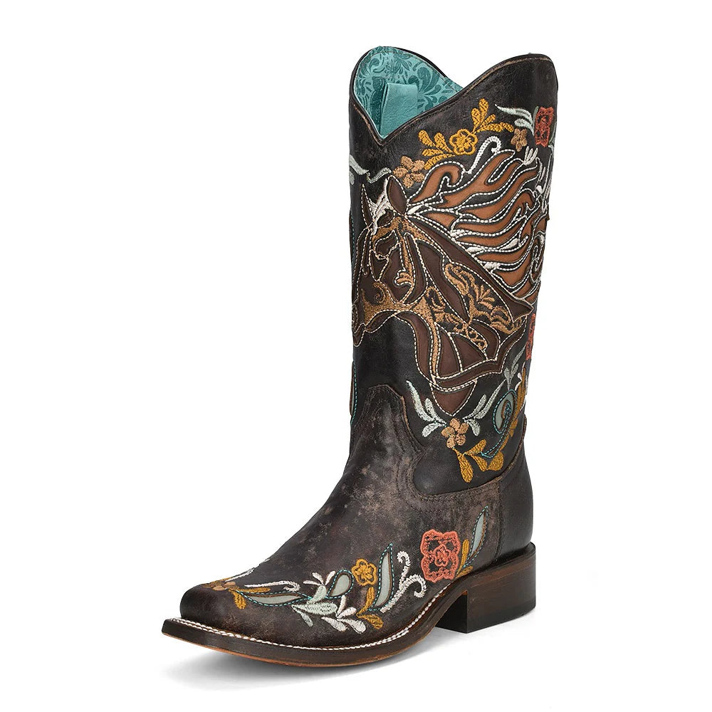 Corral Boots Ladies Horse Inlay And Multicolor Embroidery Western Boots Brown