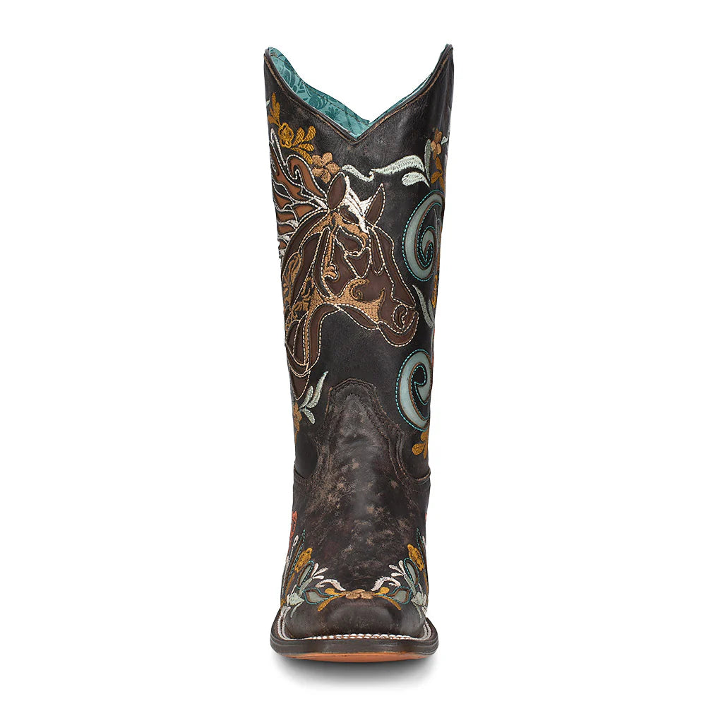 Corral Boots Ladies Horse Inlay And Multicolor Embroidery Western Boots Brown