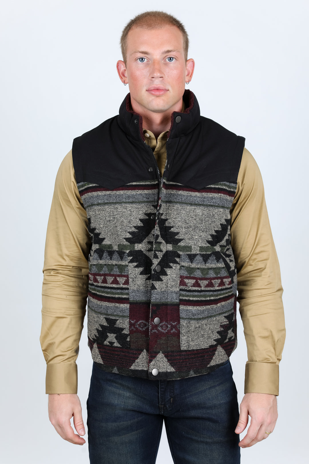 Platini Mens Ethnic Aztec Quilted Fur Lined Vest - Burgundy