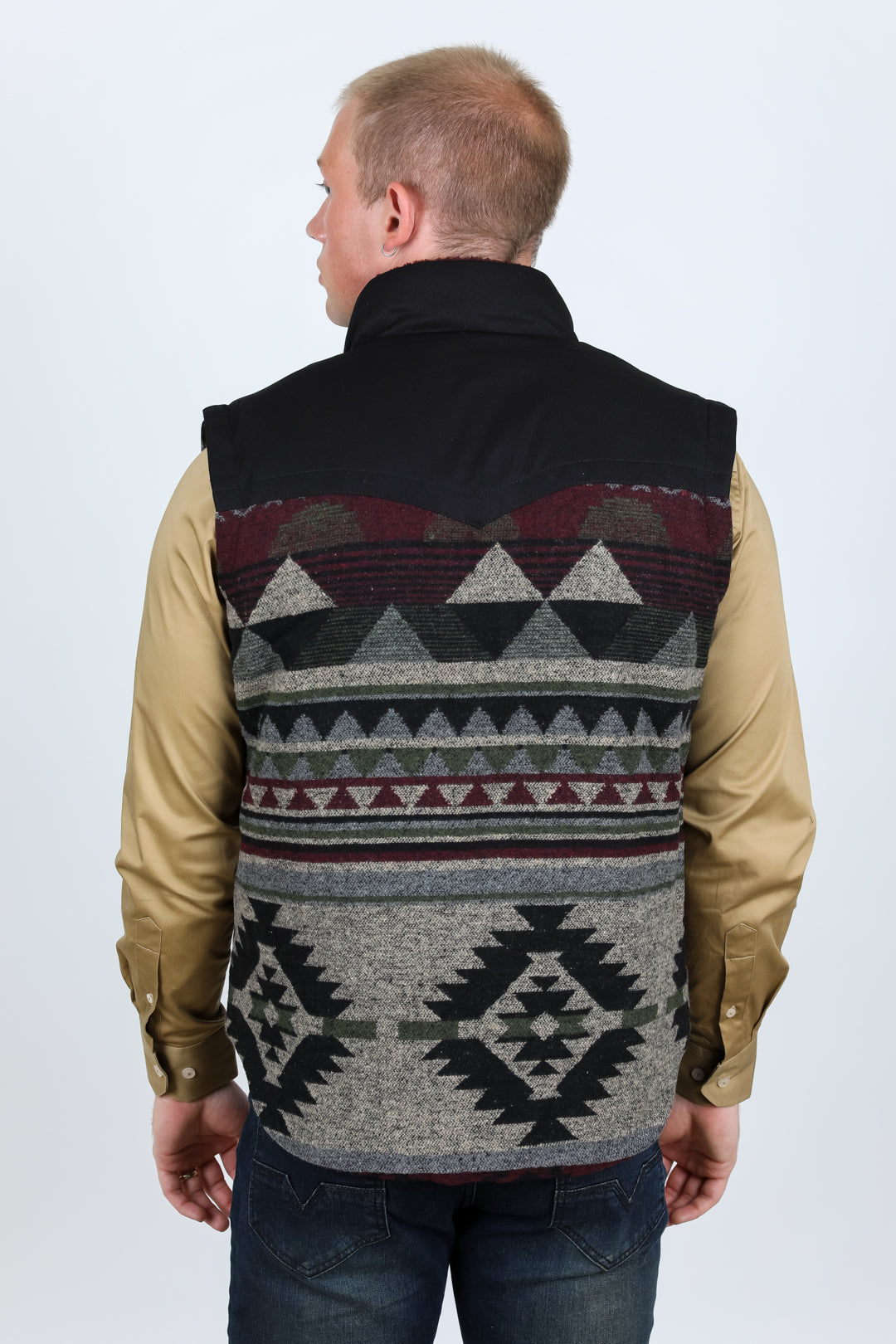 Platini Mens Ethnic Aztec Quilted Fur Lined Vest - Burgundy