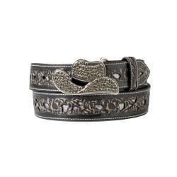 Angel Ranch Ladies Belt 1 1/2" Floral Filigree Glitter Underlay Black