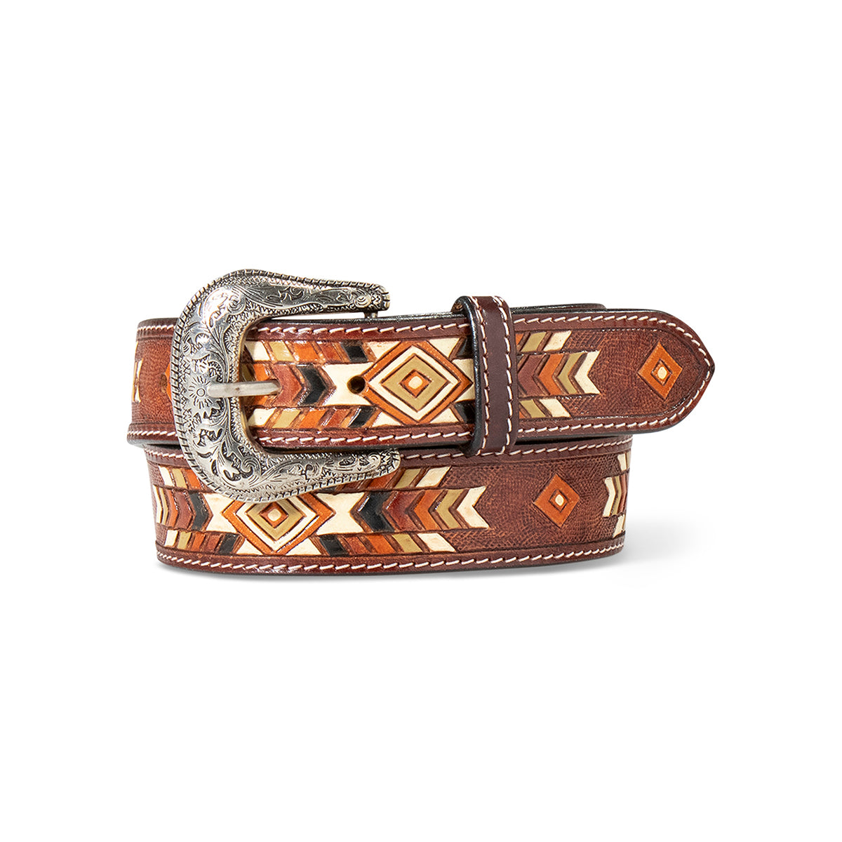 Ariat Ladies Belt 1 1/2 Hand Tooled Painted Southwest Multi Colored