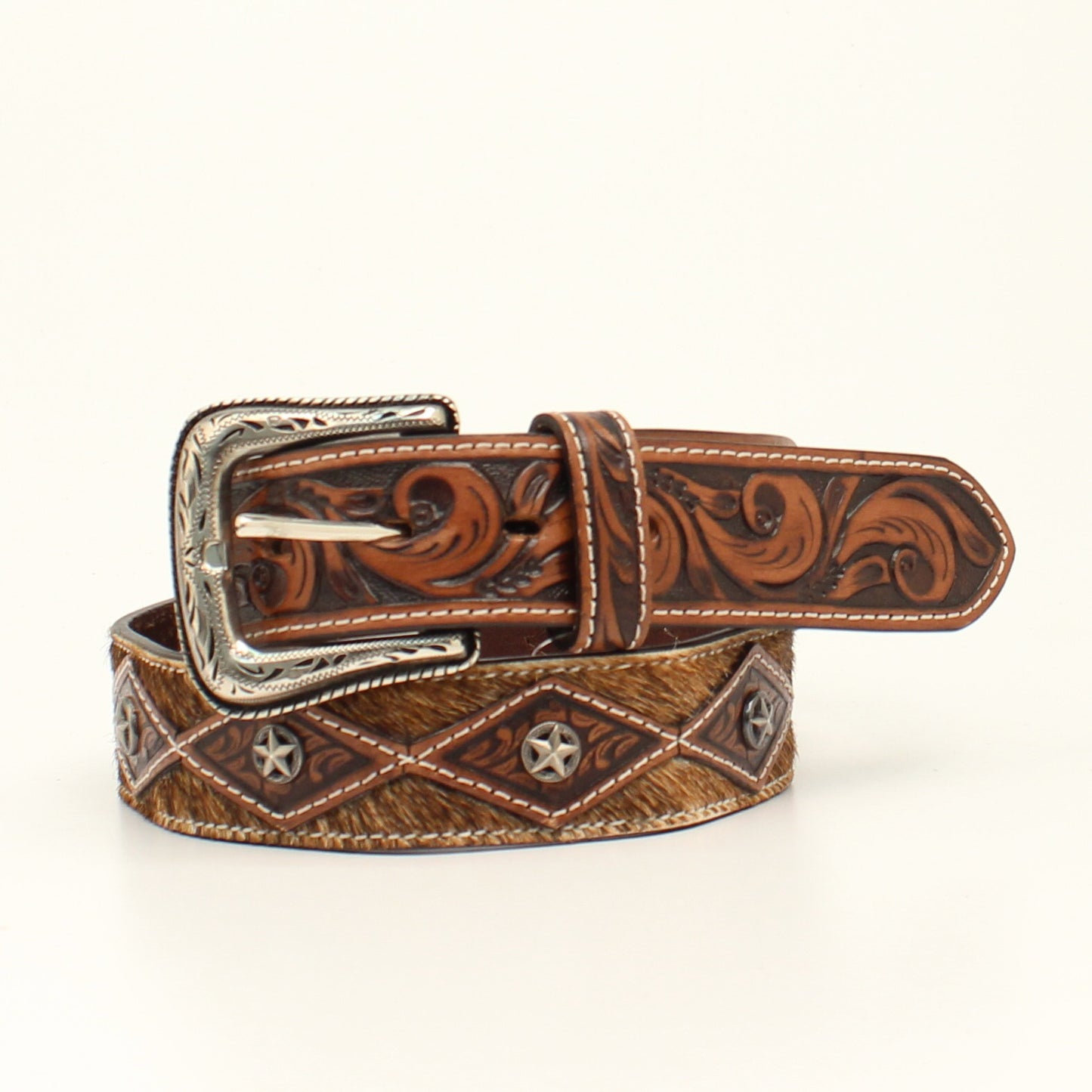 Ariat Mens Belt 1 1/2 Calf Hair Concho Tooled Brown