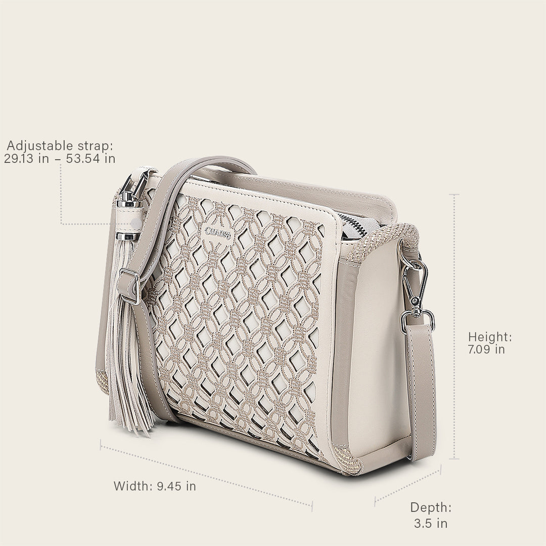 Cuadra Ladies White Cowhide Embroidery Hand Bag