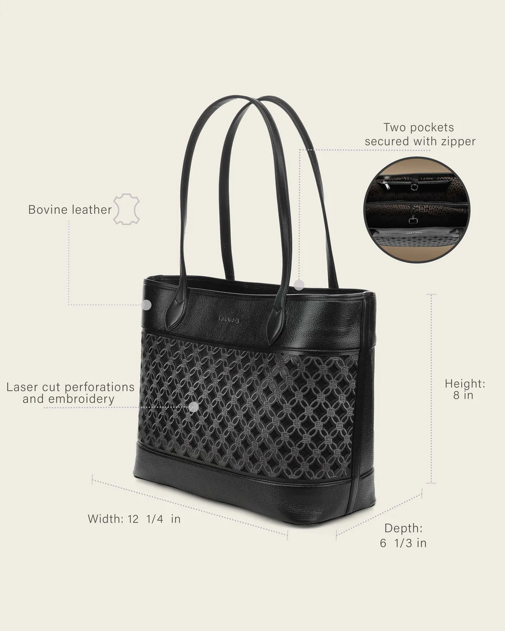 Cuadra Ladies Black Cowhide Embroidery Hand Bag