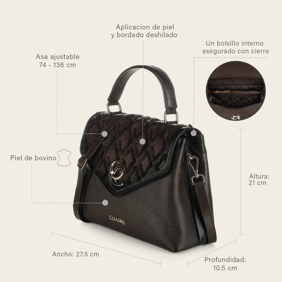 Cuadra Ladies Chocolate Cowhide Embroidery Hand Bag