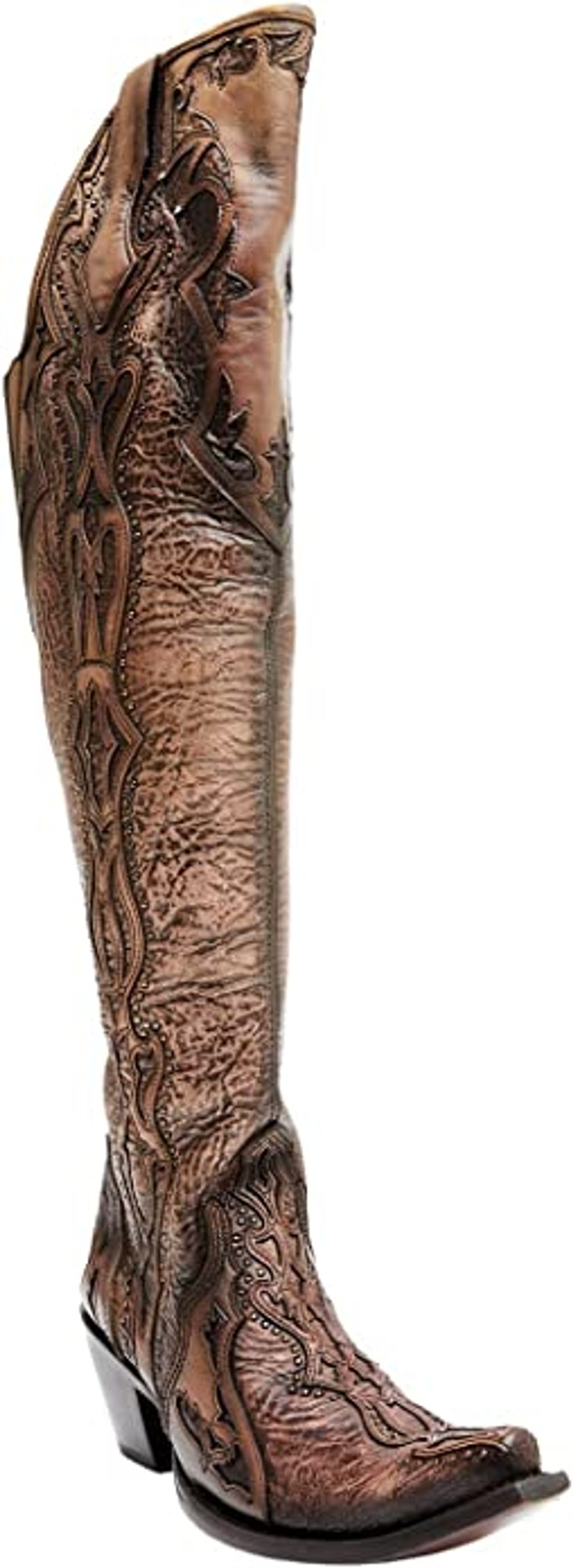Corral Boots Ladies Overlay Embroidery Stud Tall Top Western Boots Bone Chocolate