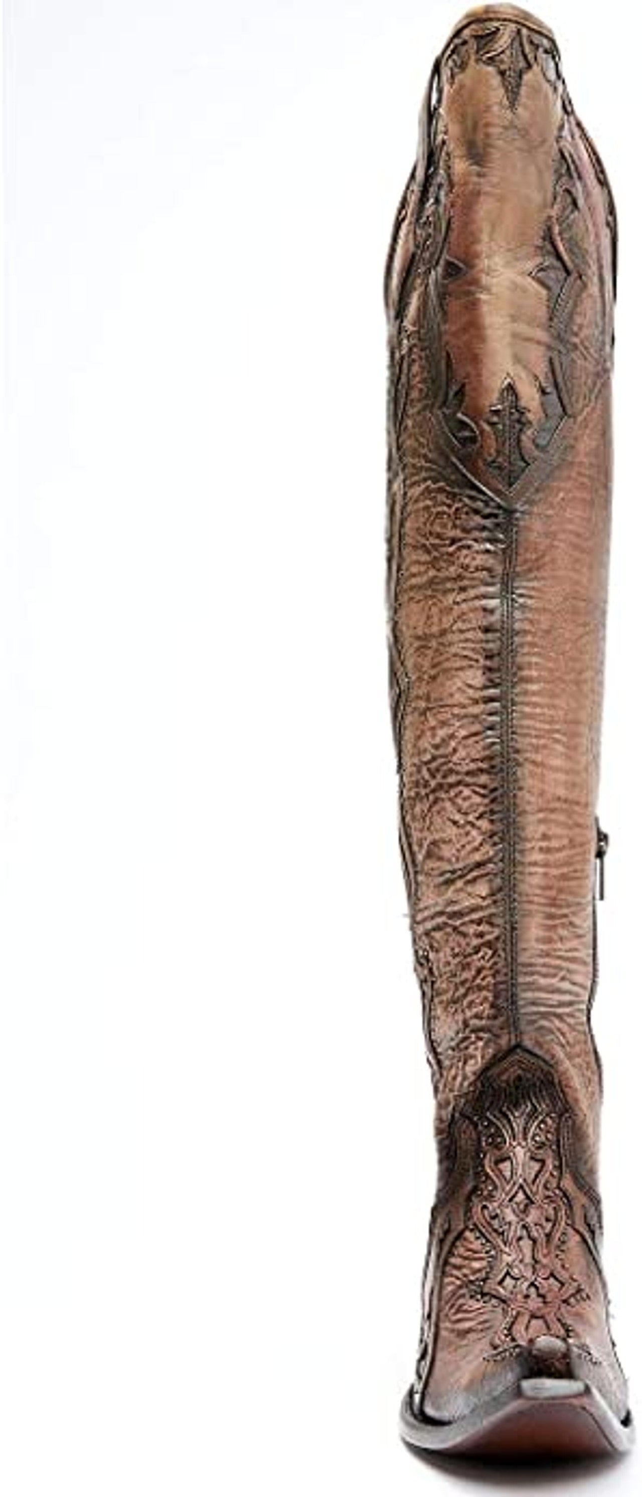 Corral Boots Ladies Overlay Embroidery Stud Tall Top Western Boots Bone Chocolate