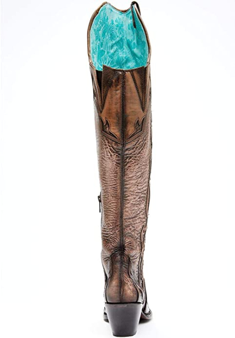 Corral Boots Ladies Overlay Embroidery Stud Tall Top Western Boots Bone Chocolate