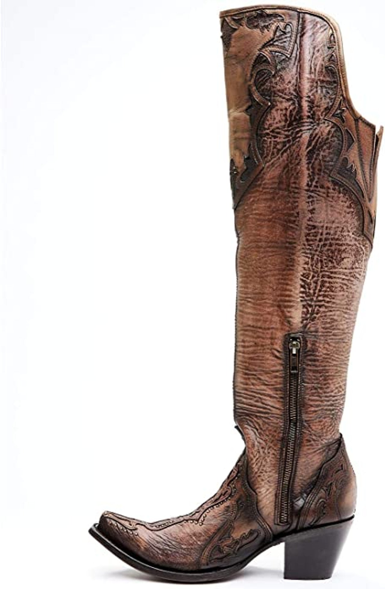 Corral Boots Ladies Overlay Embroidery Stud Tall Top Western Boots Bone Chocolate