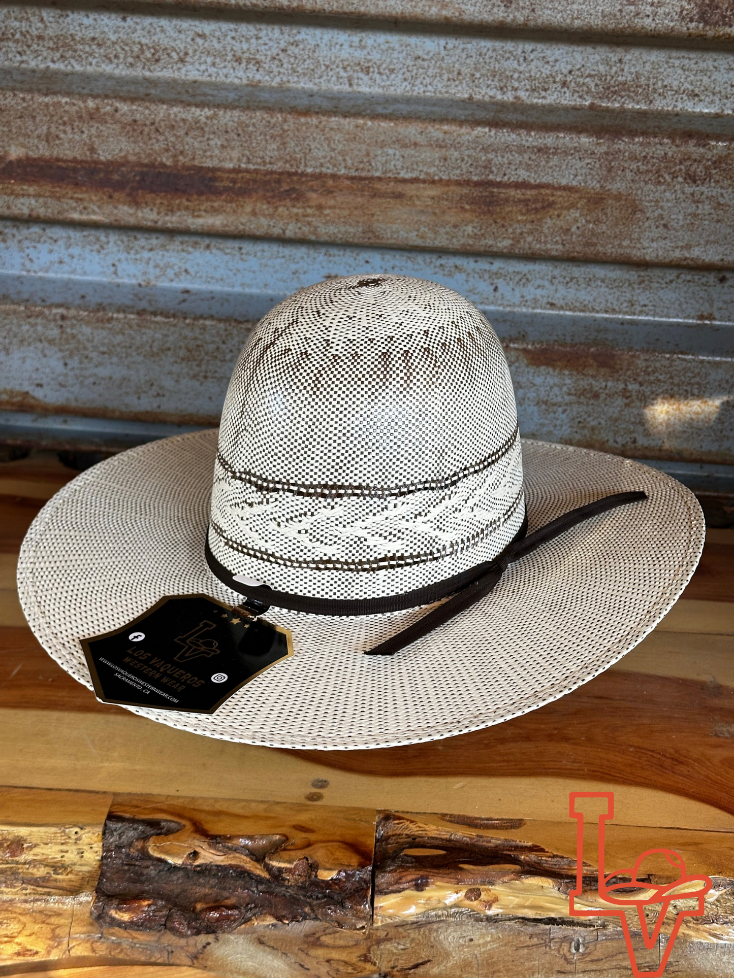 Los Vaqueros Kids Straw Hat Open Regular Crown Bangora Dirty Road Brown White