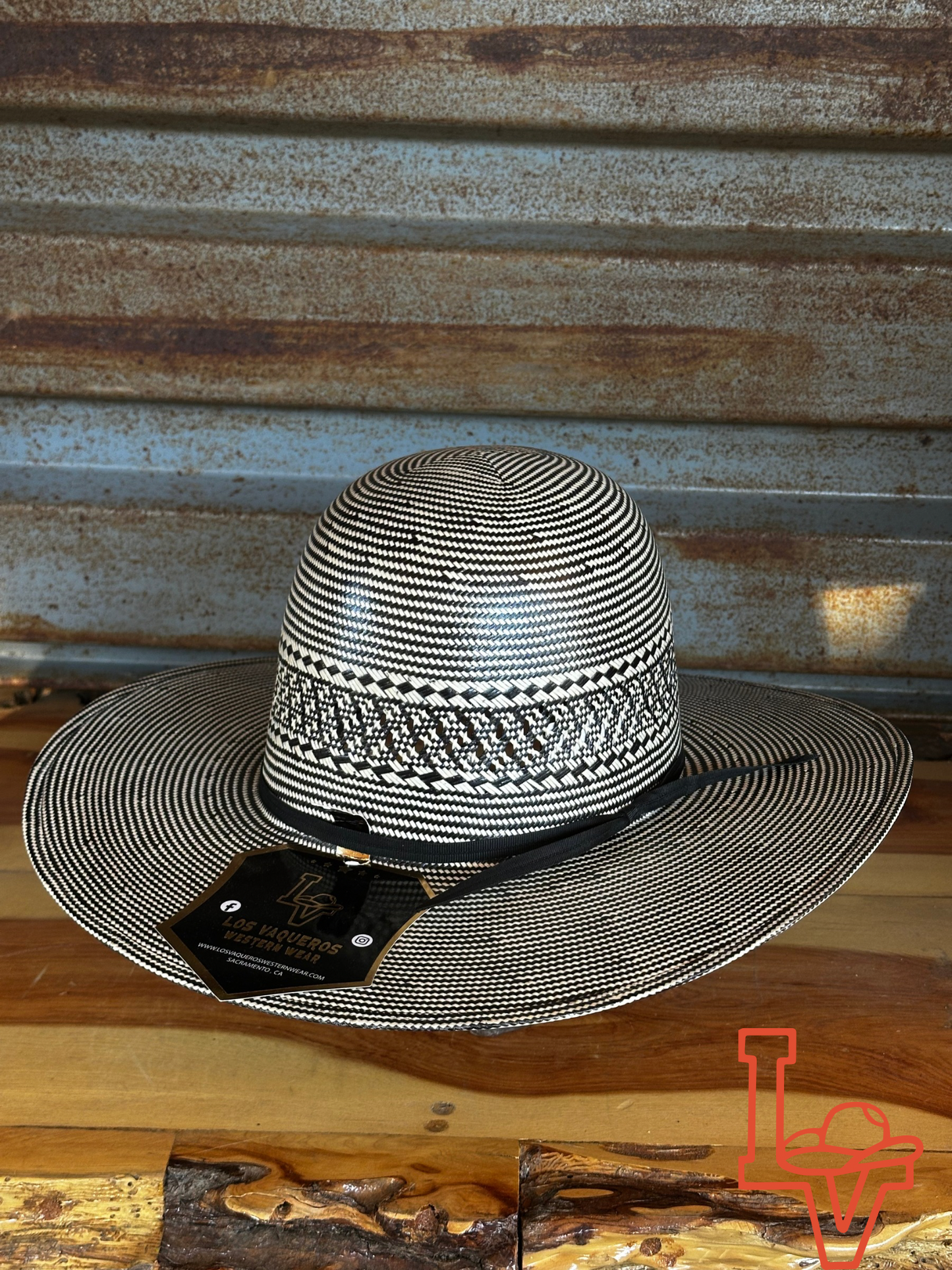Los Vaqueros Kids Straw Hat Open Regular Crown Charol Black White