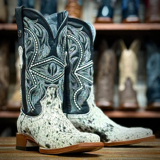 Tanner Mark Boots Men's Black & White Hair On Cowhide With Black Palermo Top Boots TM205579