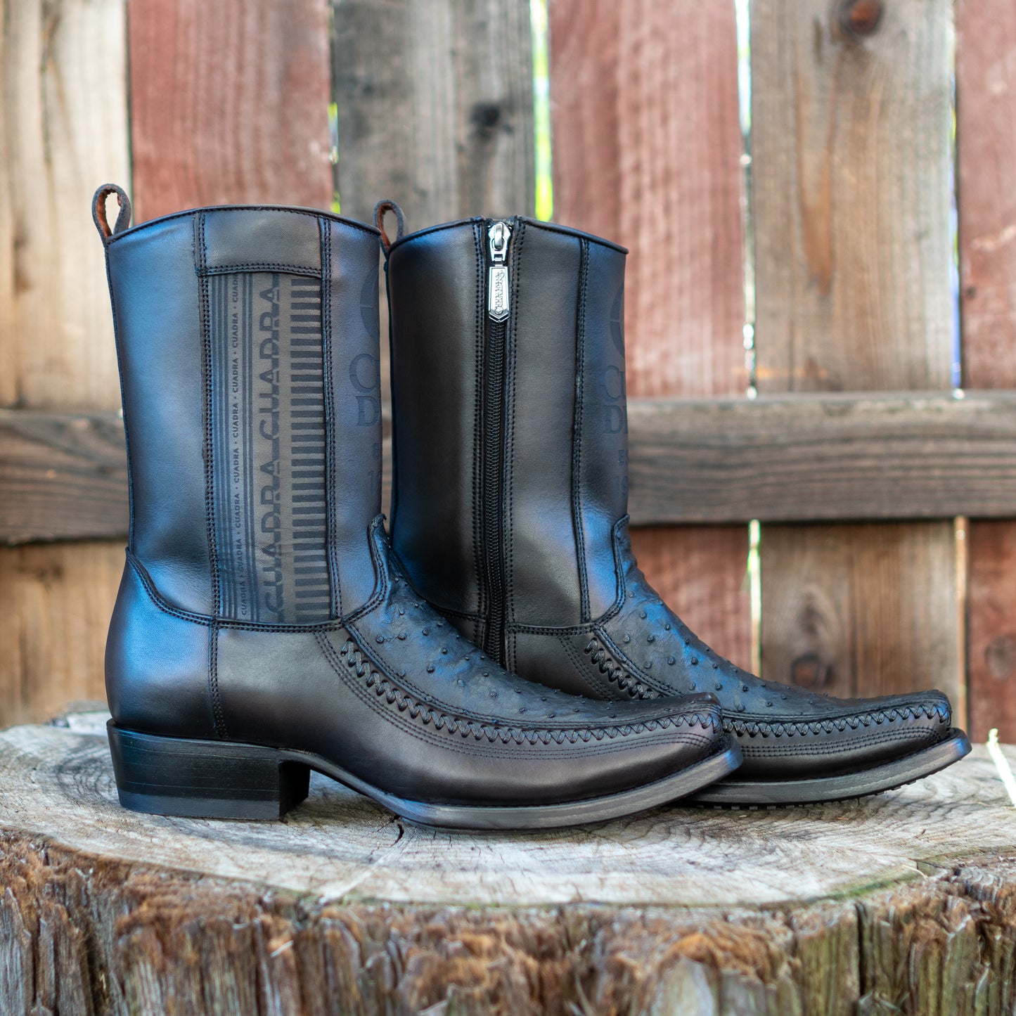 Cuadra Men's Ostrich Laser And Embroidery Narrow Square Toe Cowboy Boots in Black CU802