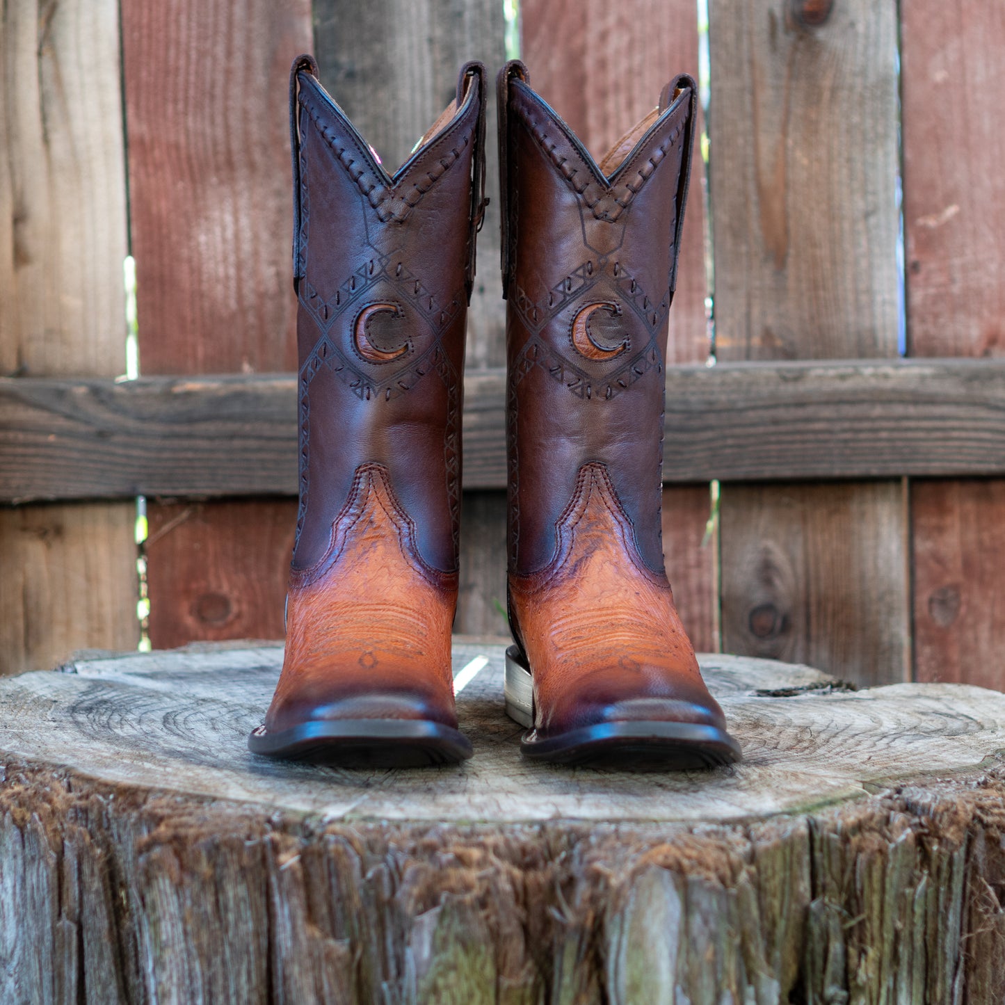 Cuadra Men's Ostrich Belly Laser And Woven Square Toe Cowboy Boots in Flame Honey