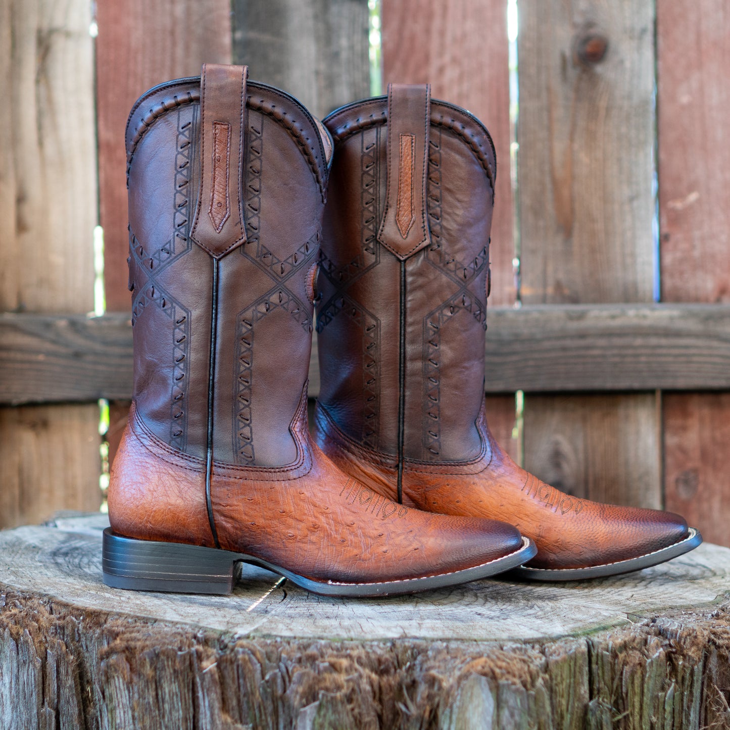 Cuadra Men's Ostrich Belly Laser And Woven Square Toe Cowboy Boots in Flame Honey