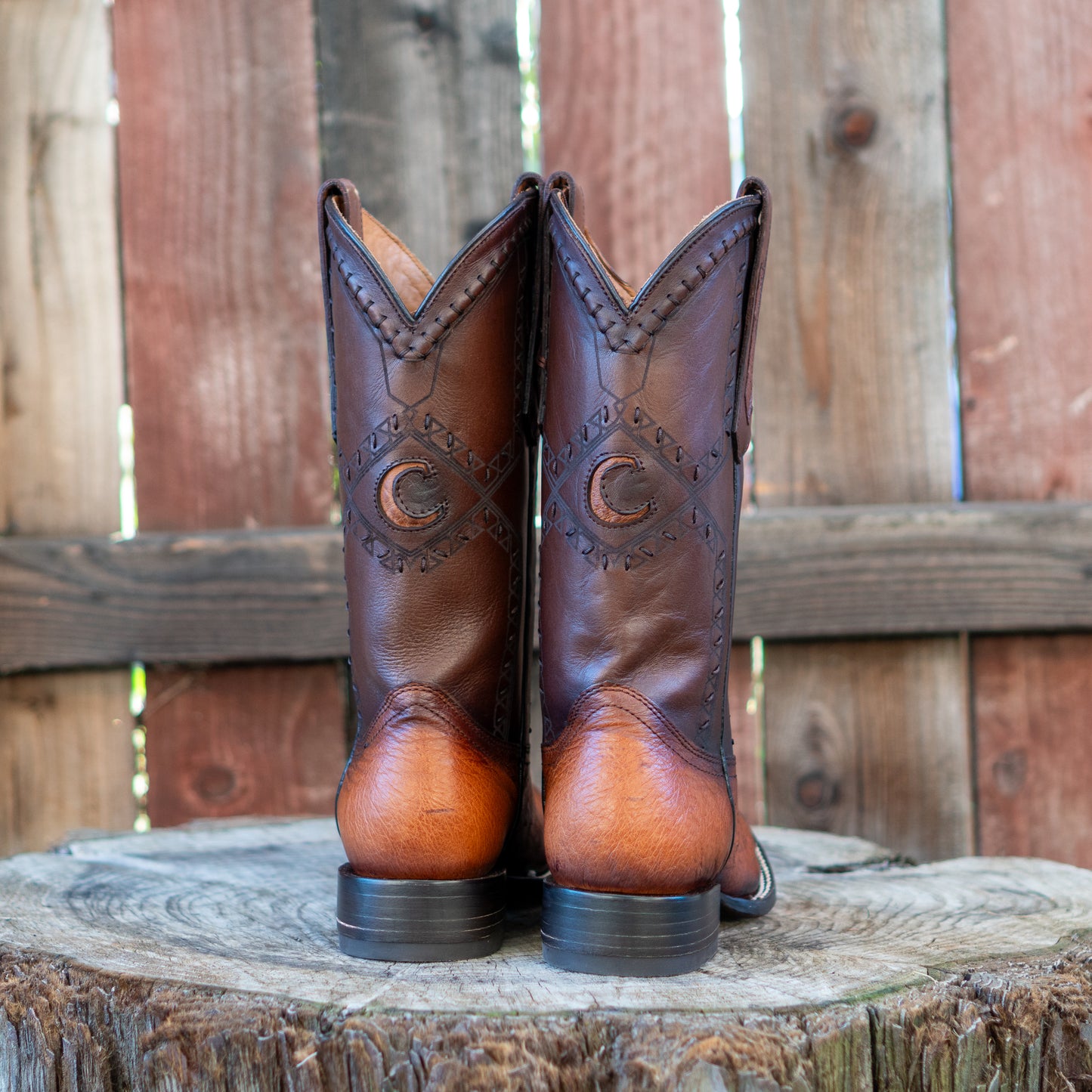 Cuadra Men's Ostrich Belly Laser And Woven Square Toe Cowboy Boots in Flame Honey