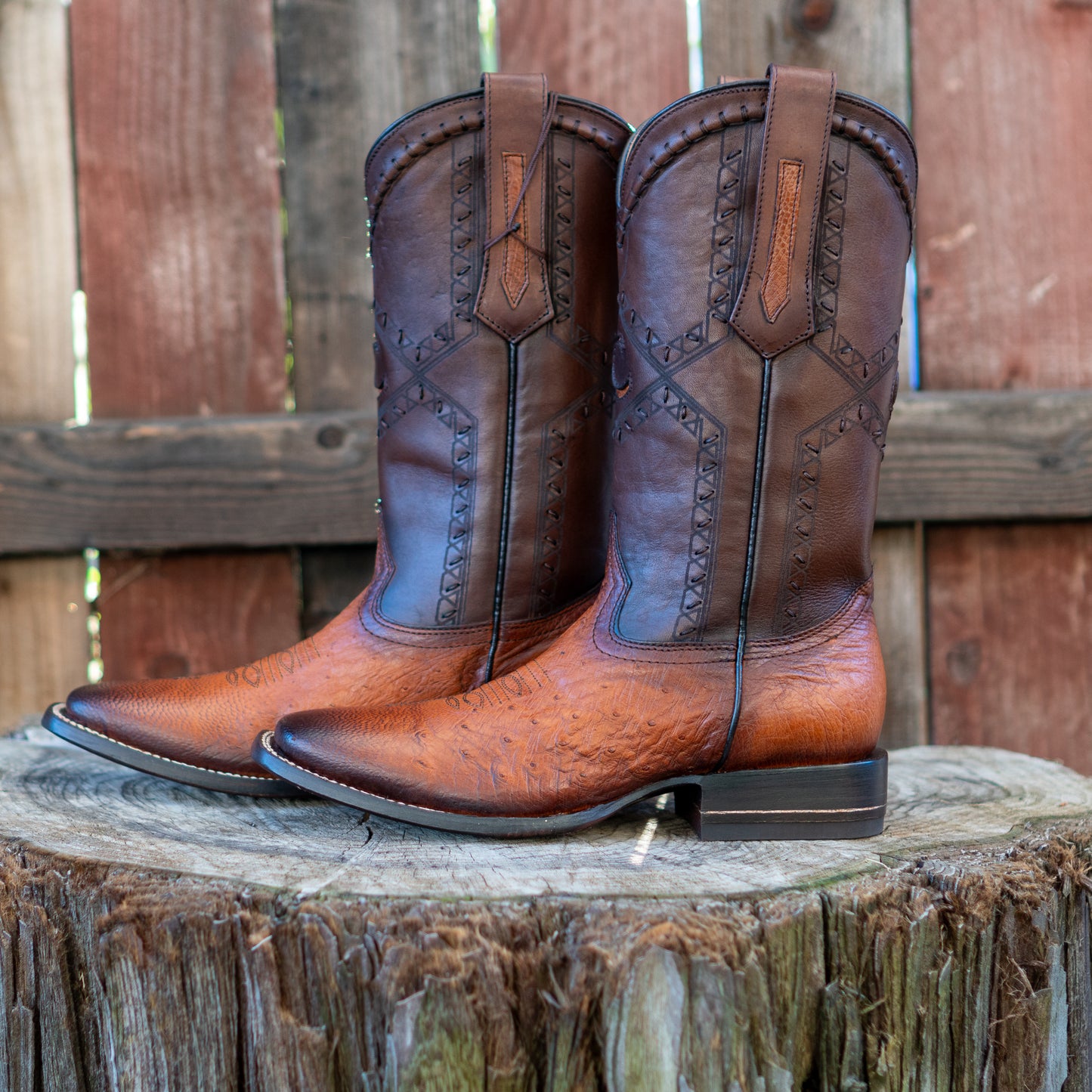 Cuadra Men's Ostrich Belly Laser And Woven Square Toe Cowboy Boots in Flame Honey