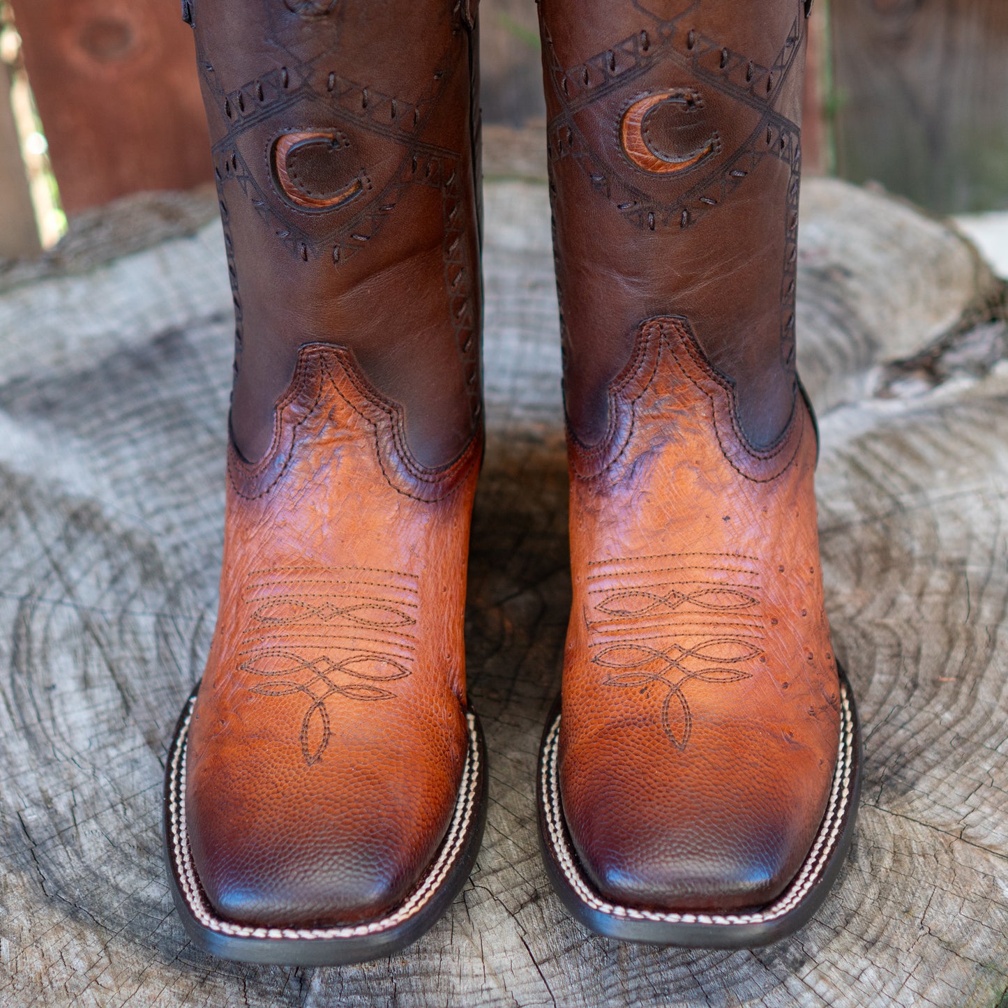 Cuadra Men's Ostrich Belly Laser And Woven Square Toe Cowboy Boots in Flame Honey