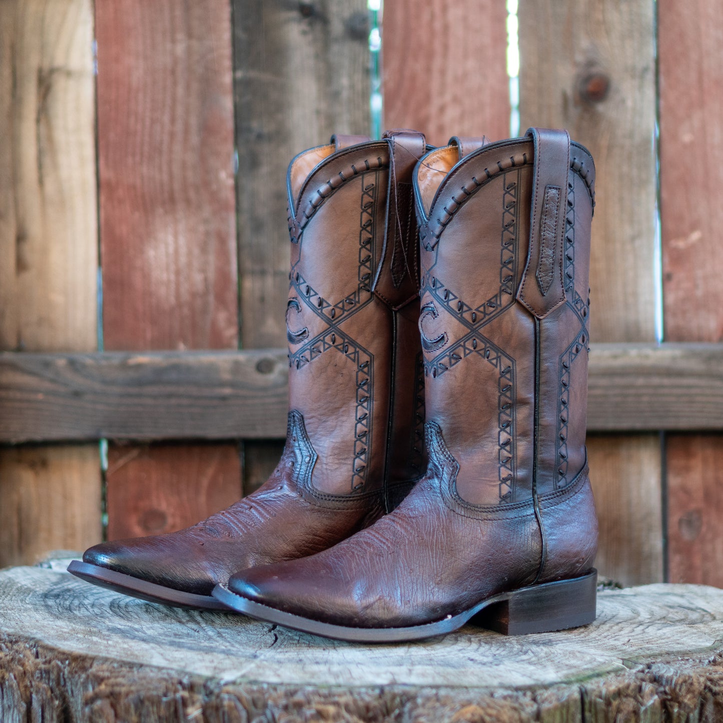 Cuadra Men's Ostrich Belly Laser And Woven Square Toe Cowboy Boots in Flame Chocolate