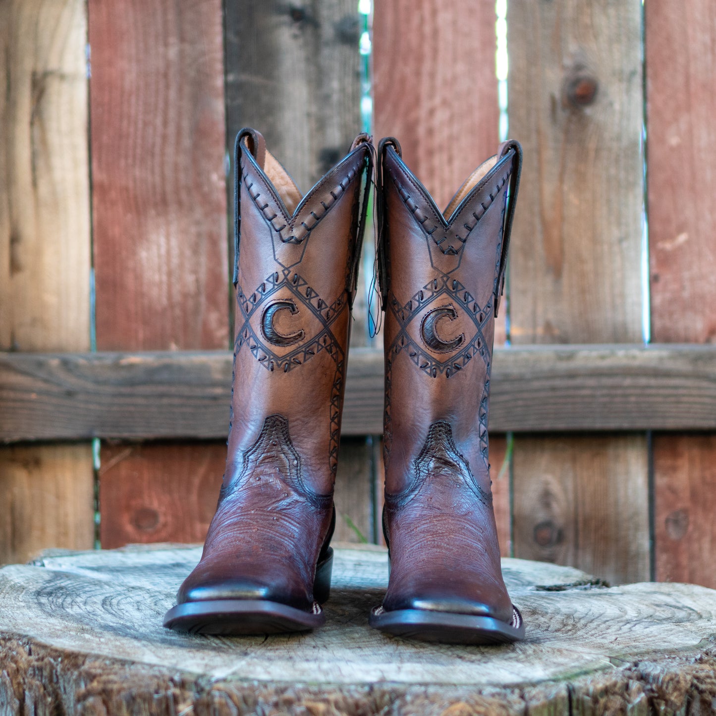 Cuadra Men's Ostrich Belly Laser And Woven Square Toe Cowboy Boots in Flame Chocolate